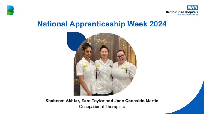 Image of Shabnam, Zara and Jade with the text 'National Apprenticeship Week 2024. Shabnam Akhtar, Zara Taylor and Jade Codesido Martin, Occupational Therapists'