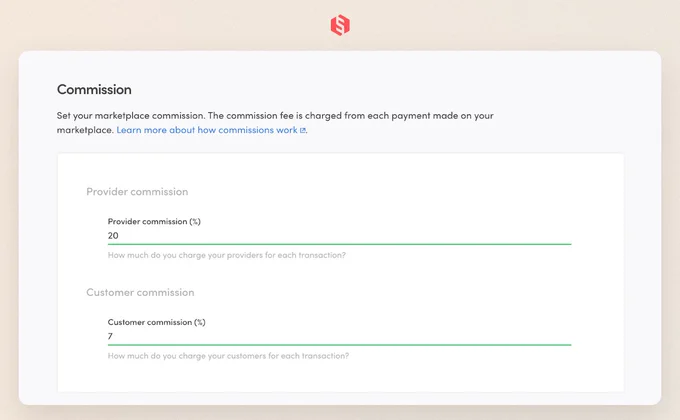The commission setting in Sharetribe Console. There are fields for both provider commission and customer commission.