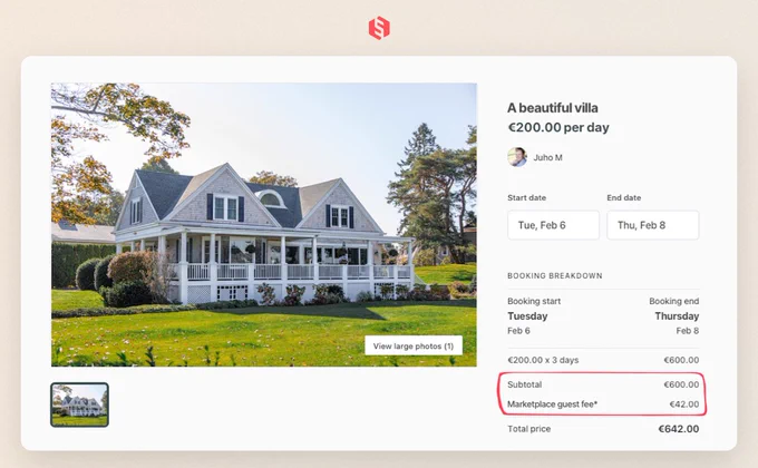A listing page in a sample marketplace, where someone is about to book a house for two days. Below the booking dates is a subtotal of the rental with a customer commission called guest fee added on top.