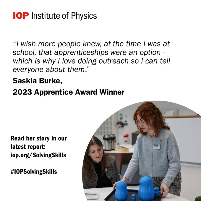 Image of 2023 Apprentice Award winner Saskia Burke with the quote "I wish more people knew, at the time I was at school, that apprenticeships were an option - which is why I love doing outreach so I can tell everyone about them."