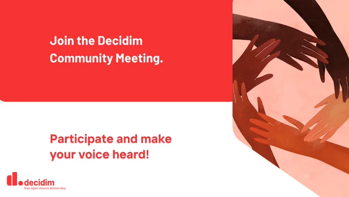 Banner image with the text "Join the Decidim Community Meeting. Participate and make your voice heard."
