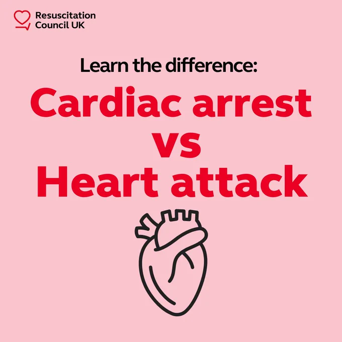 Text reads: Learn the difference: Cardiac arrest vs Heart attack with a anatomical heart icon.