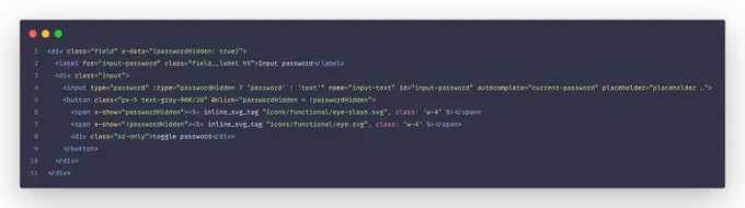 Code example of how to make a password toggle with AlpineJS