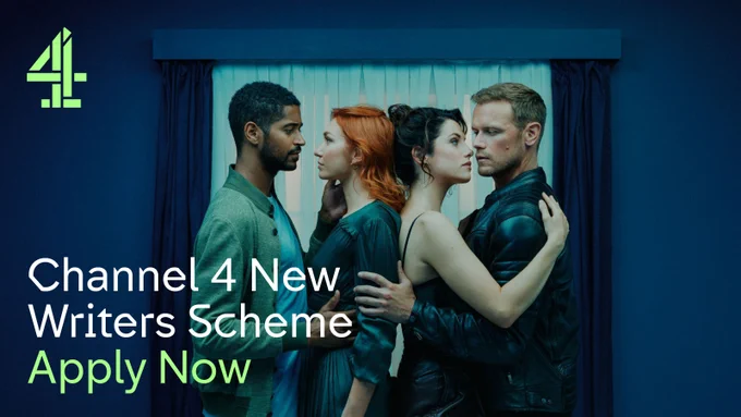 Image displays the cast of 'The Couple Next Door' alongside the Channel 4 logo. Text reads: 'Channel 4 New Writers Scheme, Apply Now'