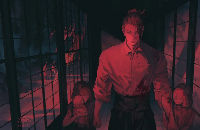 Geto Suguru walking down a corridor with Hasaba Mimiko and Nanako, holding their hands. The village is set ablaze in the background. 