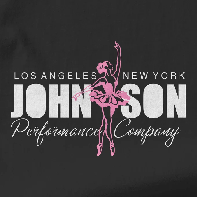 T-shirt design with a ballerina clipart. Text reads "Los Angeles. New York. Johnson Performance Company."