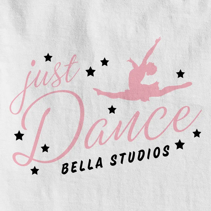 Design with a ballerina silhouette jumping in the air with stars. Text reads "Just Dance. Bella Studios."