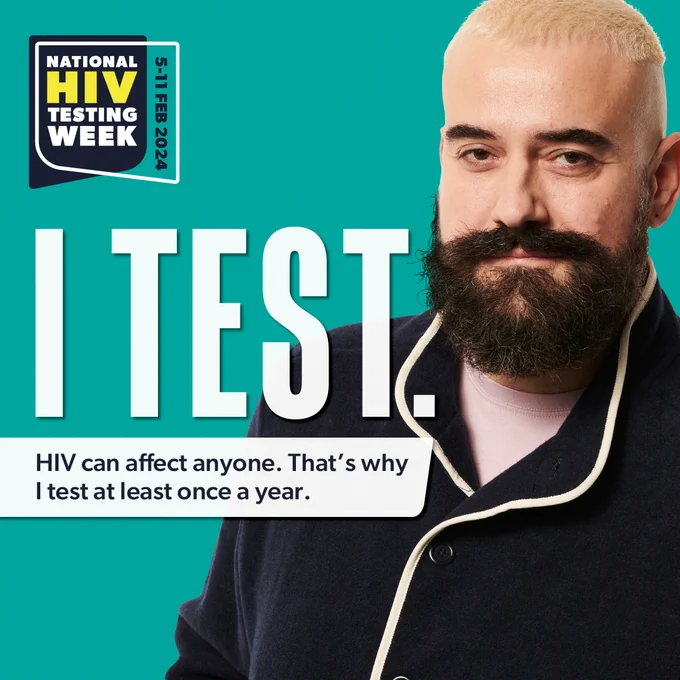 Smiling man with text: "I Test. HIV can affect anyone. That's why I test at least once a year".