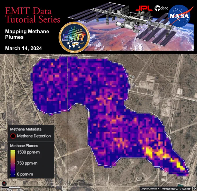 Top banner reads ‘EMIT (Earth Surface Mineral Dust Source Investigation) Data Tutorial Series, Mapping Methane Plumes March 14, 2024” and shows the international space station above Earth with NASA logos in the top right and the EMIT mission logo off center. The bottom image displays a methane plume complex in southwest Texas and indicates the concentration of methane in the plume from 0-1500 ppm/m through a color gradient. Methane concentrations grade from being highest near the southeast portion of the plume complex, to lowest in the northwest.