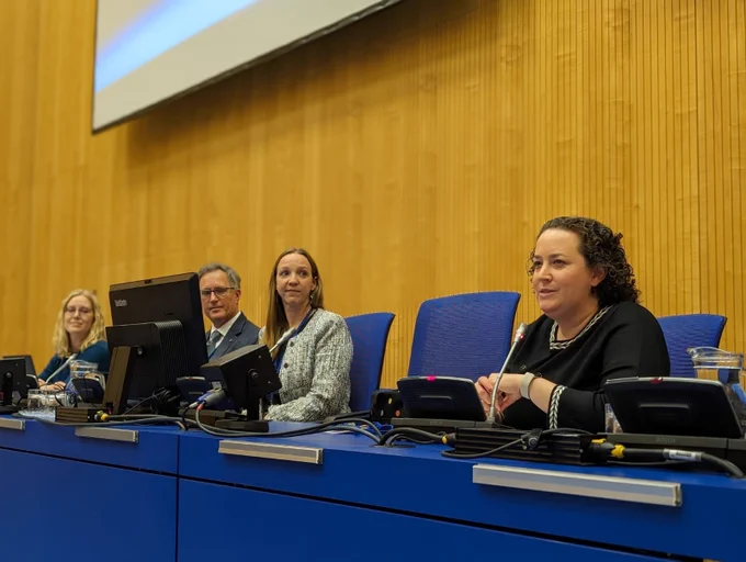Mariel Borowitz (center) sits on a dias with three other panelists