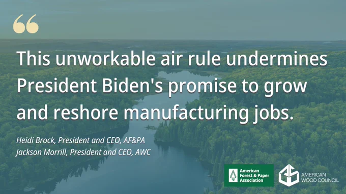 A river flowing through a forest. The quote reads, "This unworkable air rule undermines President Biden's promise to grow and reshore manufacturing jobs.” - Heidi Brock and Jackson Morrill