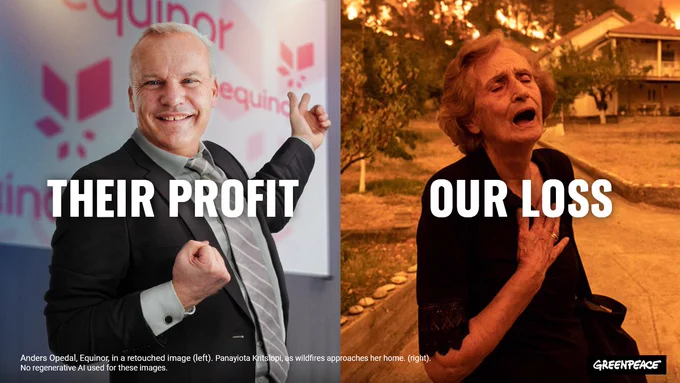 Anders Opedal, Equinor (left); Panayiota Kritsipio, as wildfires approach her home (right) - photo: @tsakalidis_k
Images of CEOs used in this campaign are staged and doctored for illustrative purposes. Illustrations are created without the use of generative AI.⁣