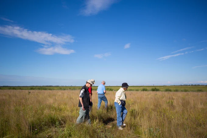 People walking through a prairie.