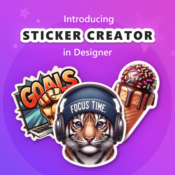 Images of stickers featuring a tiger, a laptop and an ice cream cone on a purple background
