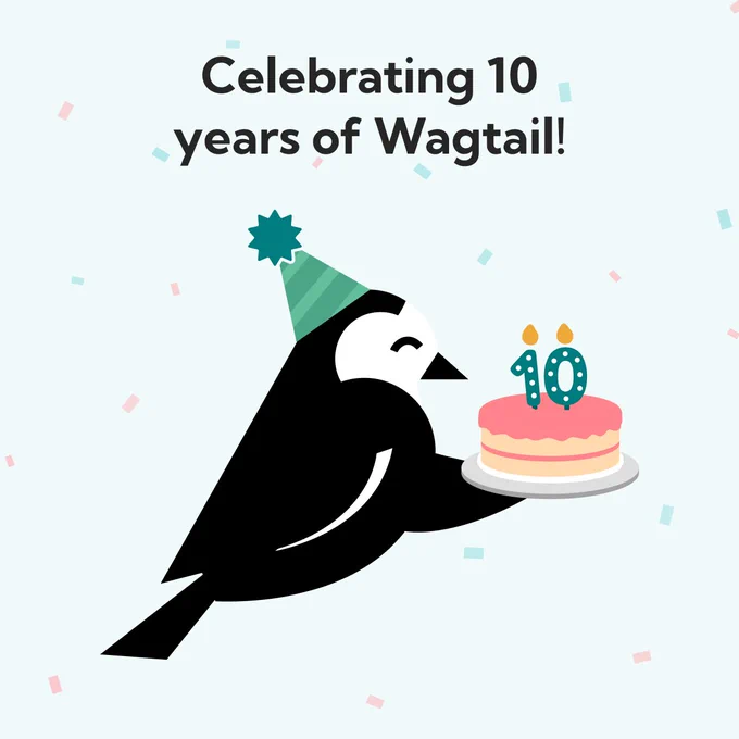This is an image of a wagtail bird where a party hat and holding a cake with a 10 candle on top of it.
