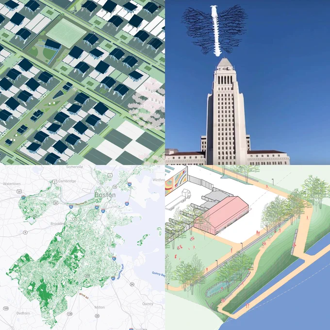 Top left, Adèle Naudé Santos rendering of a neighborhood intervention from the panel Advancing Urbanism; top right, Nancy Baker Cahil's "Motherboard" showing augmented reality in LA from the panel Urbanizing Artificial Intelligence - Humans in the Loop; bottom left, Google's tree canopy estimation model showing tree density in Boston from Just Climate Futures; and bottom right, rendering of Malden River Works a community collaboration from the panel Catalyzing Innovation.