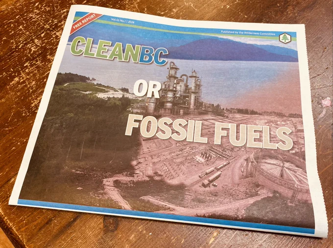 The front cover of the CleanBC or Fossil Fuels report, linked above. It depicts two opposing visions: a healthy coastline and a heavily-industrialized LNG export site