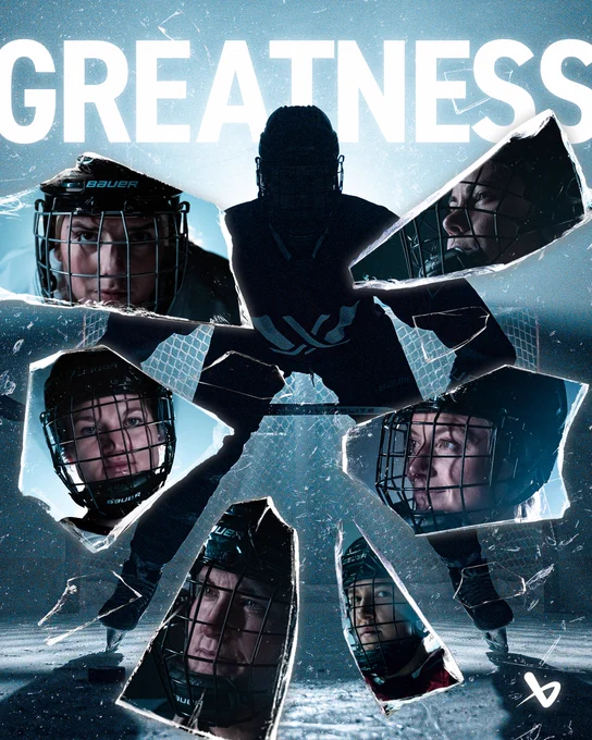 An image with the copy that reads "Greatness" with a shadowy PWHL player standing menacingly in front of the net. Throughout the image are shards of glass with reflections of Team BAUER Athletes. From left to right, top row: Hilary Knight, Abby Roque. Second row: Lee Stecklein, and Renata Fast. Third row: Marie-Philip Poulin, and Brianne Jenner.