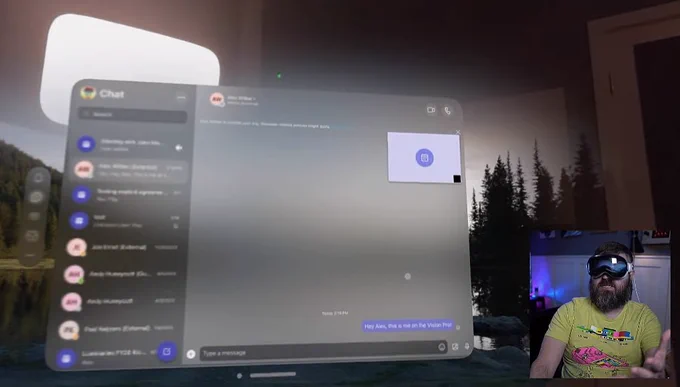 John Moore in his "Apple Vision Pro: Use Microsoft 365 in 3 ways!" YouTube video showing what Microsoft 365, Microsoft Teams, and Outlook look like within the new Apple Vision Pro experience. 