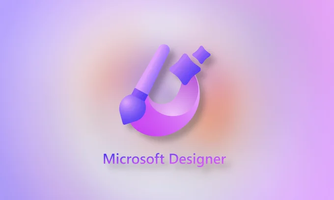O logotipo do Microsoft Designer é exibido em um fundo gradiente pastel. O logotipo é uma combinação abstrata de formas geométricas e orgânicas em tons roxo e rosa. Abaixo do logotipo está o texto “Microsoft Designer” em uma fonte simples e elegante.