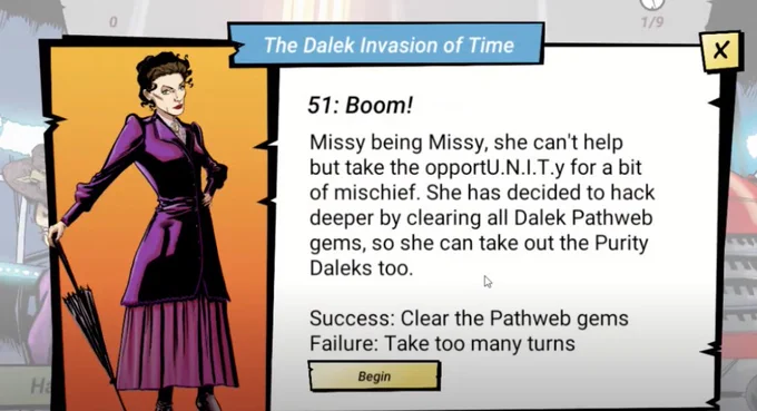 Description of Level 51: Boom - which includes: "She has decided to hack deeper by clearing all Dalek Pathweb gems, so she can take out the Purity Daleks too."