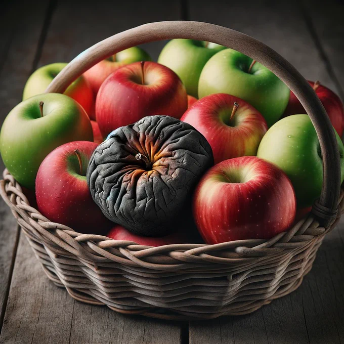 A creative depiction of a basket filled with fresh, vibrant apples, with one visibly rotten apple in the center. The rotten apple is dark and moldy, contrasting sharply with the healthy, red and green apples around it. The effect of the rotten apple is exaggerated, showing a slight visual 'spoilage' effect spreading from it to the nearby apples, symbolizing the saying 'One bad apple spoils the whole bunch.' The basket is placed on a rustic wooden table, enhancing the natural feel of the scene. The focus is on the stark contrast between the single rotten apple and the otherwise perfect bunch.