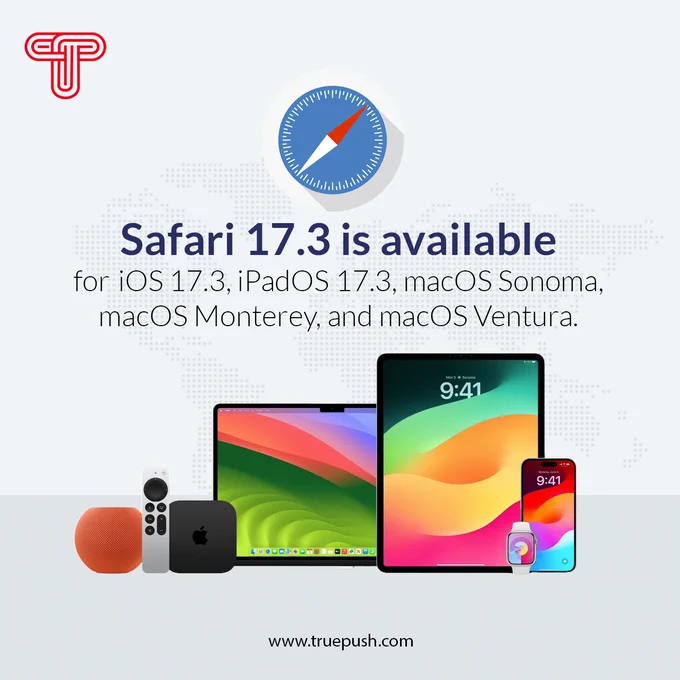 Safari 17.3 is available for iOS 17.3, iPadOS 17.3, macOS Sonoma, macOS Monterey, and macOS Ventura.