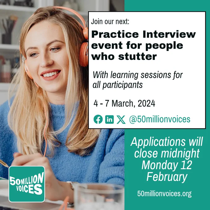 Poster with picture of relaxed & smiling white woman, blond hair wearing blue sweater. She is sitting at a desk and appears to be looking at a screen, listening through orange headphones as she's being told she's just been successful in landing her dream job! 