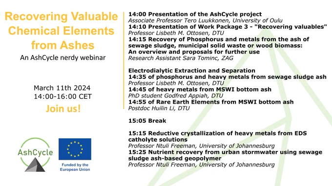 Advertisement and agenda for the AshCycle webinar "Recovering Valuable Chemical Elements from Ashes - An AshCycle nerdy webinar" on March 11th from 2pm to 4pm CET.