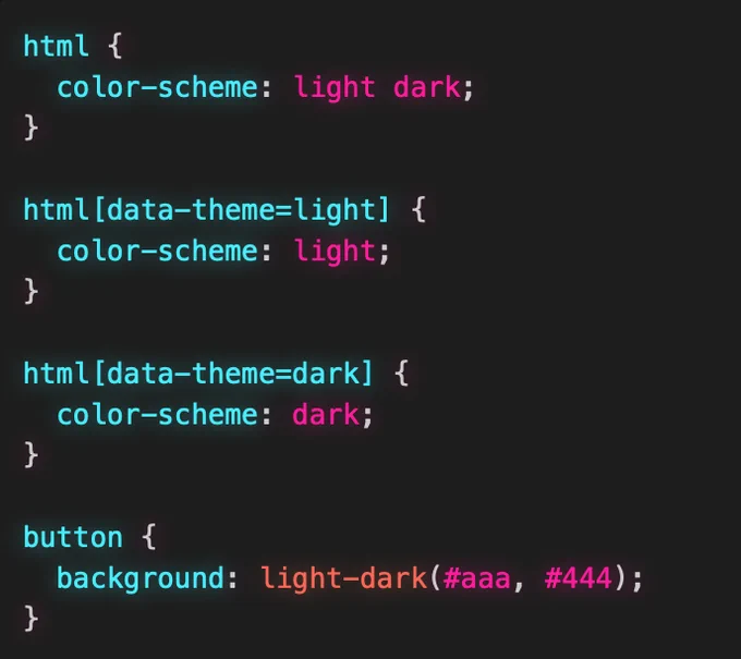 html {
  color-scheme: light dark;
}

html[data-theme=light] {
  color-scheme: light;
}

html[data-theme=dark] {
  color-scheme: dark;
}

button {
  background: light-dark(#aaa, #444);
}