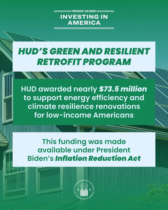 HUD's Green and Resilient Retrofit Program

HUD awarded nearly $73.5 million to support energy efficiency and climate resilience renovations for low-income Americans

This funding was made available under President Biden's Inflation Reduction Act