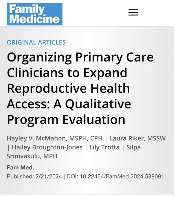 Screenshot of a research article in the journal Family Medicine. The article is called “Organizing Primary Care Clinicians to Expand Reproductive Health Access: A Qualitative Program Evaluation.”