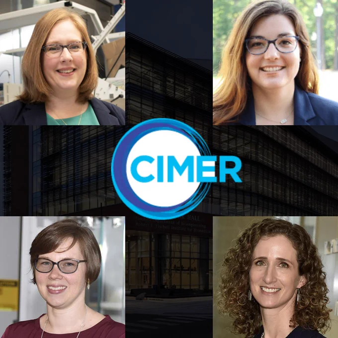 In the middle of the graphic is the CIMER logo in front of the A. James Clark Hall. Also pictured are the facilitators for the CIMER training sessions: the Fischell Institute Assistant Director Martha Wang (top left) Fischell Affiliate Fellows and BIOE Assistant Professors Jenna Mueller (top right) and Katharina Maisel (bottom left), and Fischell Fellow, BIOE Associate Professor and Chair of the DEI Committee Alisa Clyne ( bottom right). These sessions are sponsored by the BIOE Diversity, Equity, and Inclusion (DEI) Committee. 