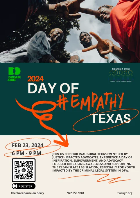 JOIN US FOR OUR INAUGURAL TEXAS EVENT LED BY JUSTICE-IMPACTED ADVOCATES. EXPERIENCE A DAY OF INSPIRATION, EMPOWERMENT, AND ADVOCACY FOCUSED ON RAISING AWARENESS AND SUPPORTING THE CLEAN SLATE LEGISLATION, ESPECIALLY FOR YOUTH IMPACTED BY THE CRIMINAL LEGAL SYSTEM IN DFW.