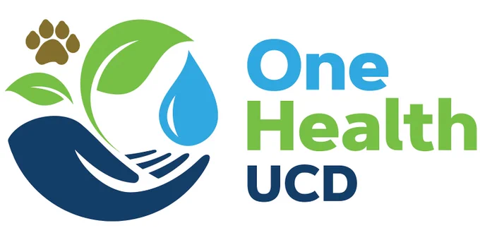 The UCD logo for One Health is a navy hand holding a blue drop of water and a green leaf with the shape of a brown animals paw.  All together they represent the unity of One health for our animals, plants, planet and people.