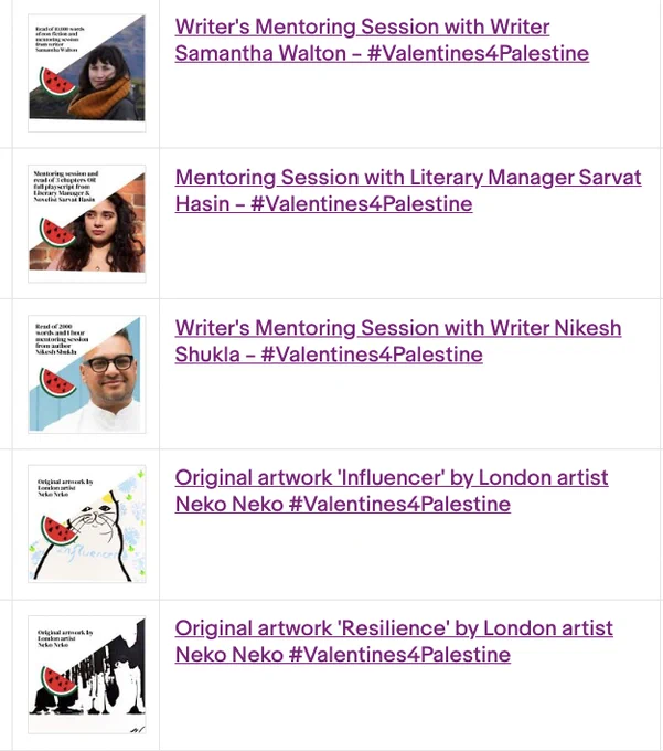 screenshot showing the listings for the people tagged in the tweet, plus two artworks by the london artist Neko Neko