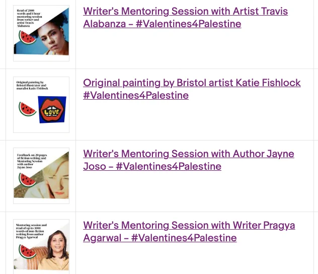 screenshot showing the listings for the people tagged in the tweet, plus an artwork by the bristol artist Katie Fishlock