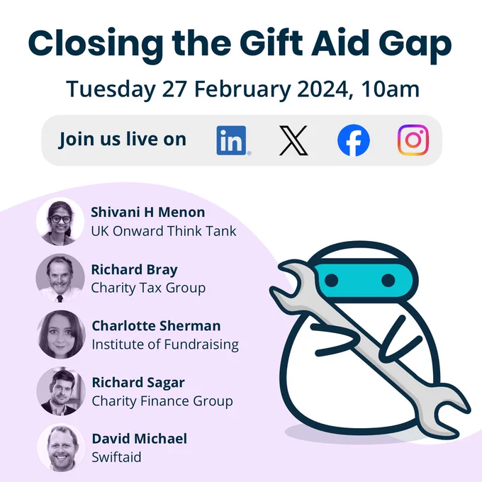 images shows Swifty, the Swiftaid mascot holding a spanner, ready to fix the system. It also shows the event speakers, Shivani H Menon - UK Onward Think Tank, Richard Bray - Charity Tax Group, Charlotte Sherman - CIoF, Richard Sagar - Charity Finance Group, David Michael - Swiftaid. The moderator will be Beth Michael - Swiftaid.