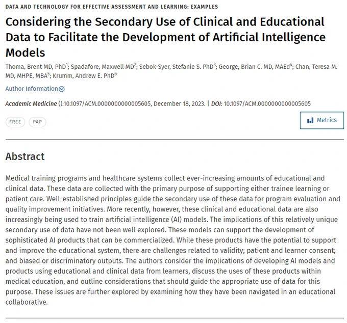 Picture of the title/authors/abstract of the article 'Considering the Secondary Use of Clinical and Educational Data to Facilitate the Development of Artificial Intelligence Models' linked to from the tweet.