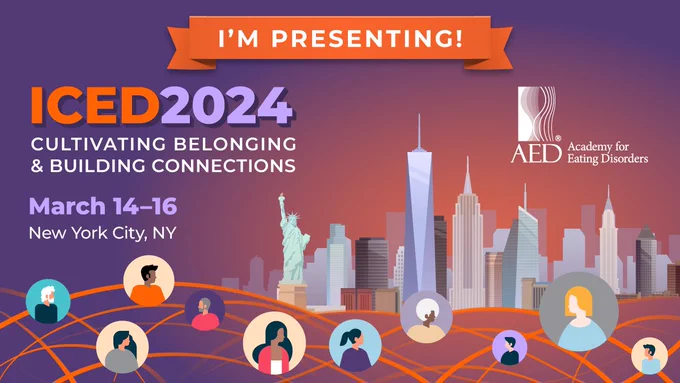 Poster for ICED 2024 conference with a banner across the top that says "I'm presenting!". Includes the conference dates (March 14-16), theme of cultivating belonging and building connections, and a graphic of the New York skyline.