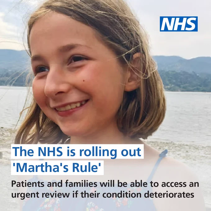 A picture of Martha Mills, she is at a body of water with moutains in the background. She has brown hair and is smiling at something off camera. The text reads: The NHS is rolling out 'Martha's Rule'. Patients and families will be able to access an urgent review if their condition deteriorates. 