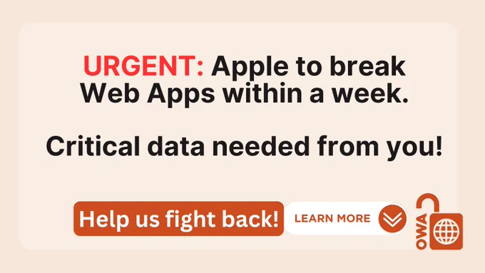 URGENT: Apple to break Web Apps within a week.

Critical Data needed from you.

Help Us fight back (learn more with down arrows)

OWA logo in bottom right