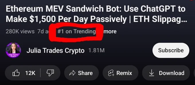 Ethereum scam with "#1 on Trending" appearing next to view count and timestamp