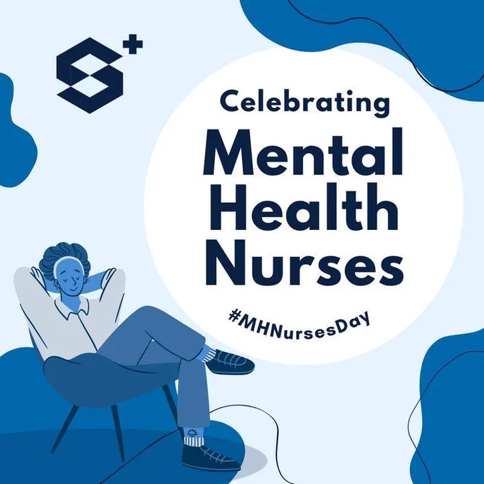 A blue and white graphic, in the corner a person is sitting laid back in a chair. Text reads: Celebrating Mental Health Nurses.