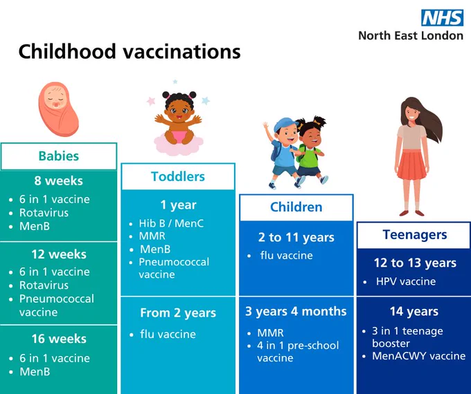 Graphic of children aged from 8 weeks old through to 14 years old (babies, toddlers, children and teenagers). The children in the graphics are standing on coloured columns that contain text. Text includes information on the different childhood vaccinations and the ages the vaccines are offered, including MMR doses to be given at 1 year old with a second dose to be given at 3 years 4 months old.