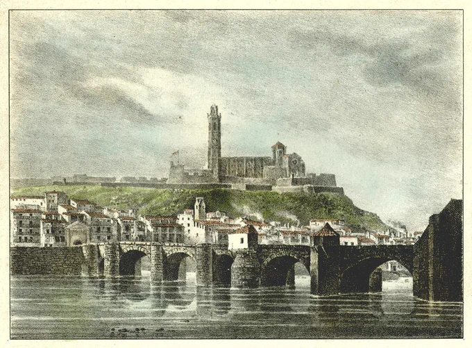 Dibuix litografiat de 1829 acolorit a mà amb la imatge de la ciutat de Lleida on es pot veure la Seu Vella al fons i el pont medieval d'accés a la ciutat. El dibuix forma part del Fons Sol-Torres de la Universitat de Lleida i l'autor és Francesc Xavier Parcerisa. Lleida, 1839 (fragment). 
