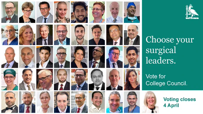 Collage of 41 images of Council candidates. Text reads "Choose your surgical leaders. Vote for College Council. Voting closes 4 April"