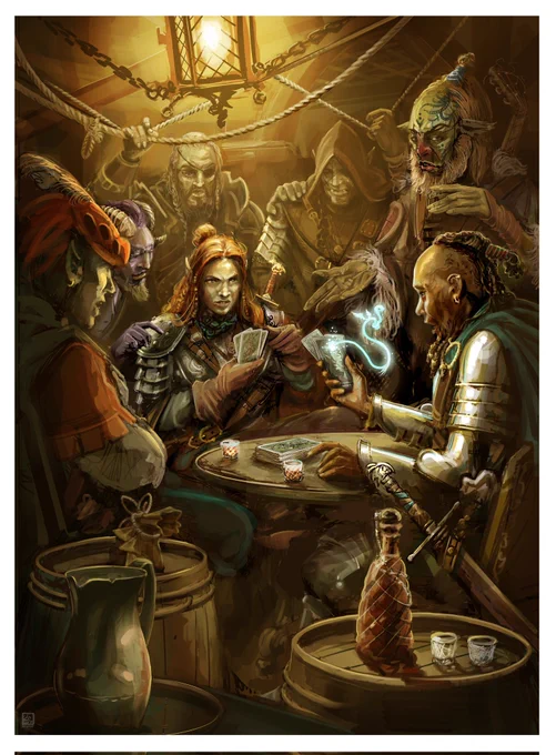A group of mercenary looking sailors and other travellers gather below deck on a ship, not all of them human looking. They watch two armoured warriors, an elven woman and a human man play a hand of cards. One of the players has looked at the image on his card only to have some sort of winged snake made of light emanate from it. He appears shocked and transfixed.
