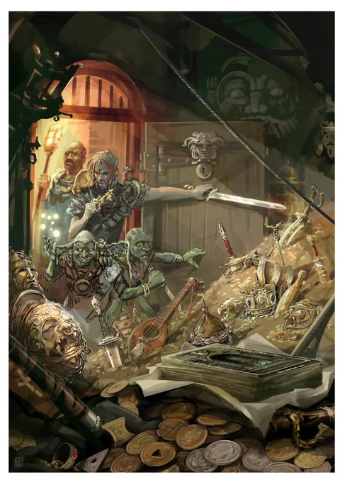Two goblins dressed as adventurer's and a their human companion appear to force their way into a room in a dungeon complex, they have a forth companion outside providing light in the form of a blazing torch. The room is filled to the waist with treasure of all kinds, coins, crowns, and perhaps an array of magical objects. A large sinister looking statue can be seen behind the opened door, whilst upon the door itself, a guardian cartouche in the form of a Gorgon's head. A deck of cards can be clearly seen in the extreme foreground.
