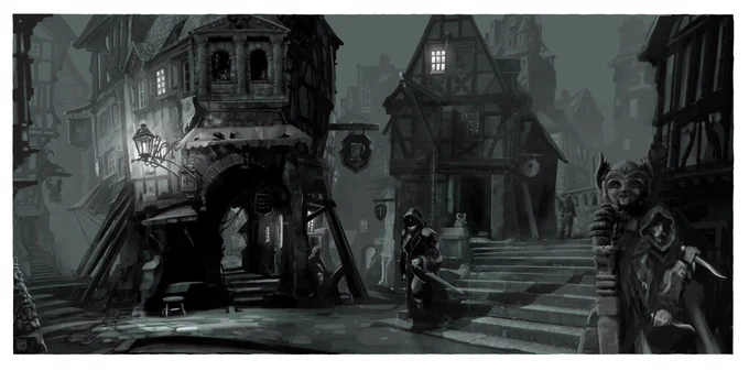 It is night in a misty or fog laden medieval-esque city street or town. Several tavern like buildings can be seen, mostly thrown into silhouette by the meagre light (provided by a lantern and a lit window), a lone figure strides confidently through the street in the he centre, watched from all sides by several other figures, each one holding a knife or crossbow. In the distance deep in the mist on the left, the silhouettes of several cats can be seen.